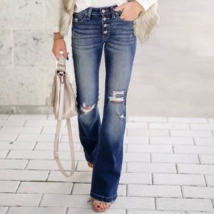 KanCan Kan Can Dark Wash Distressed Button Fly Flare Bell Bottom Denim Jean